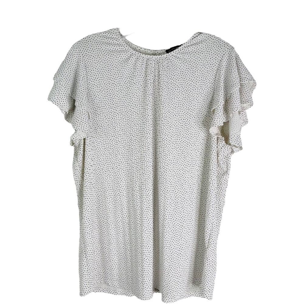 Adrianna Papell white black polka dot ruffle pleated stretch blouse top large